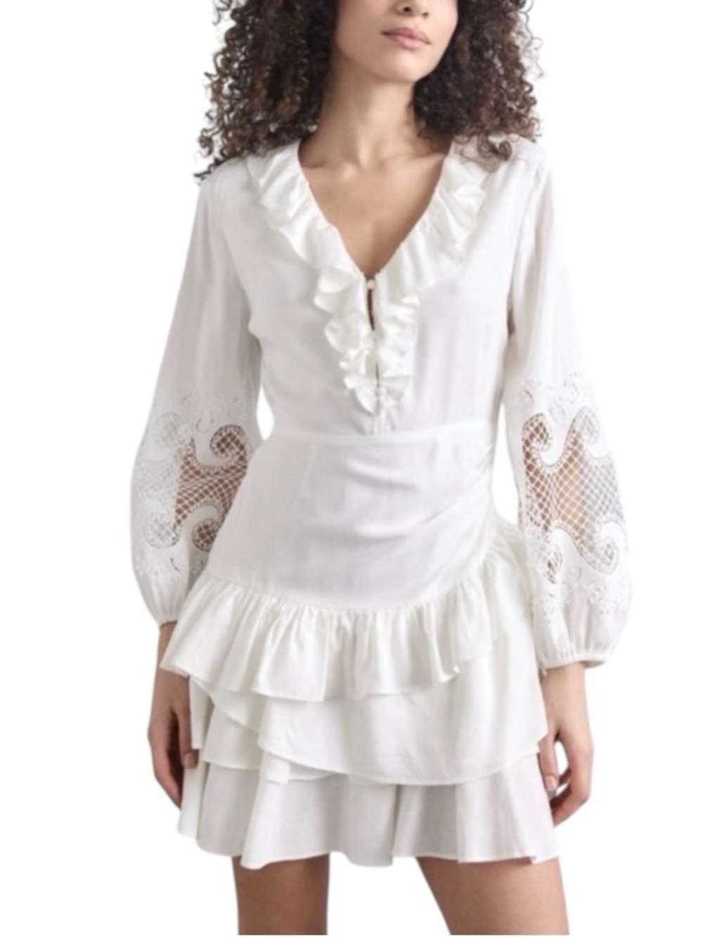 Maje White Ruffle-Trim V-Neck Dress size 42 - Picture 1 of 8